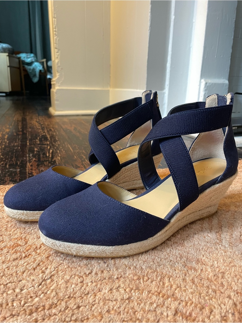 Talbots Navy Espadrille Wedge Sandals with Cross Straps